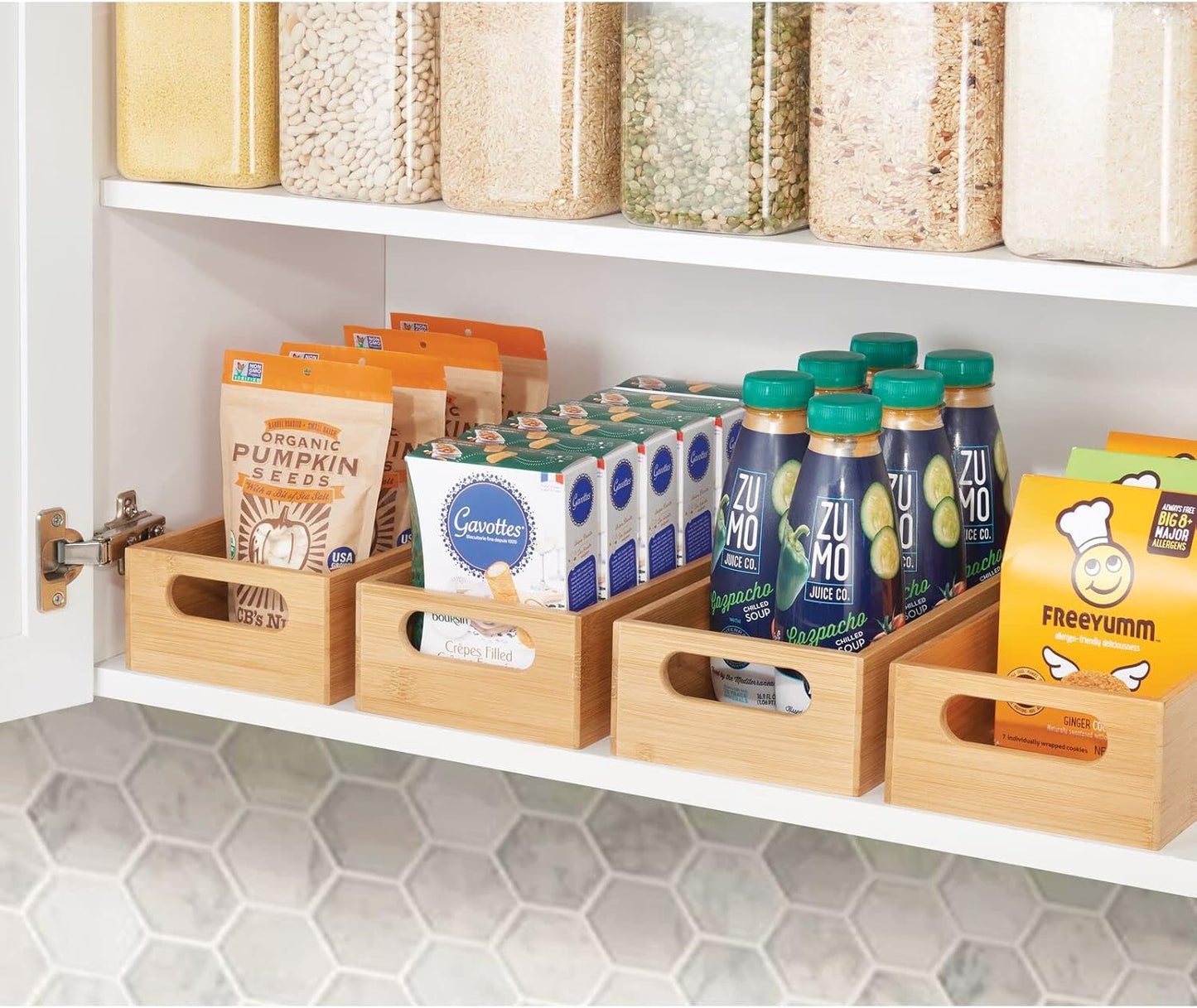 Kitchen Storage Box – Open-Top Bamboo Storage Tray with Handles – Versatile Cupboard Organiser for Shelves, Pantries, Surfaces and Cupboards – Natural