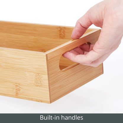 Kitchen Storage Box – Open-Top Bamboo Storage Tray with Handles – Versatile Cupboard Organiser for Shelves, Pantries, Surfaces and Cupboards – Natural