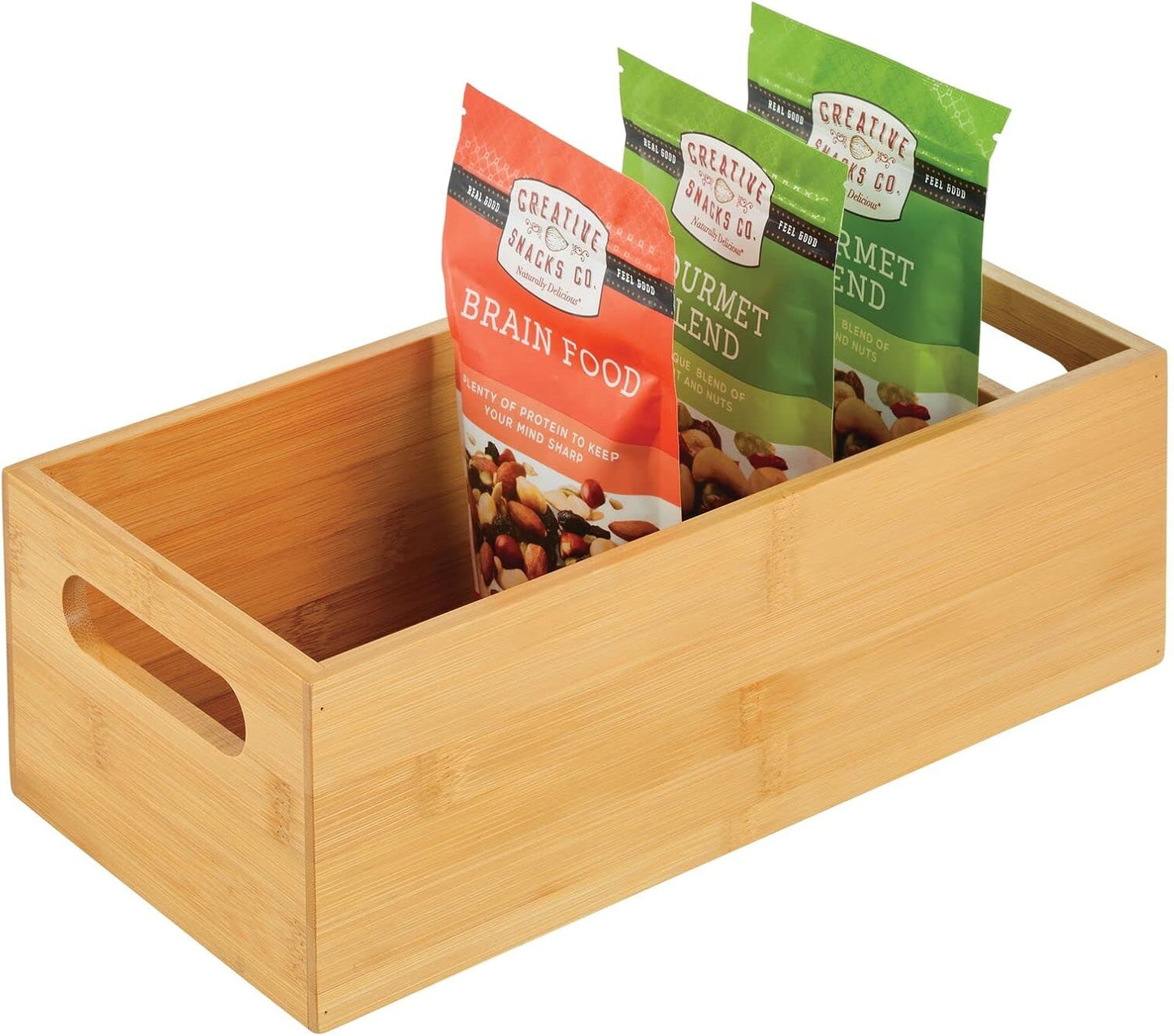 Kitchen Storage Box – Open-Top Bamboo Storage Tray with Handles – Versatile Cupboard Organiser for Shelves, Pantries, Surfaces and Cupboards – Natural