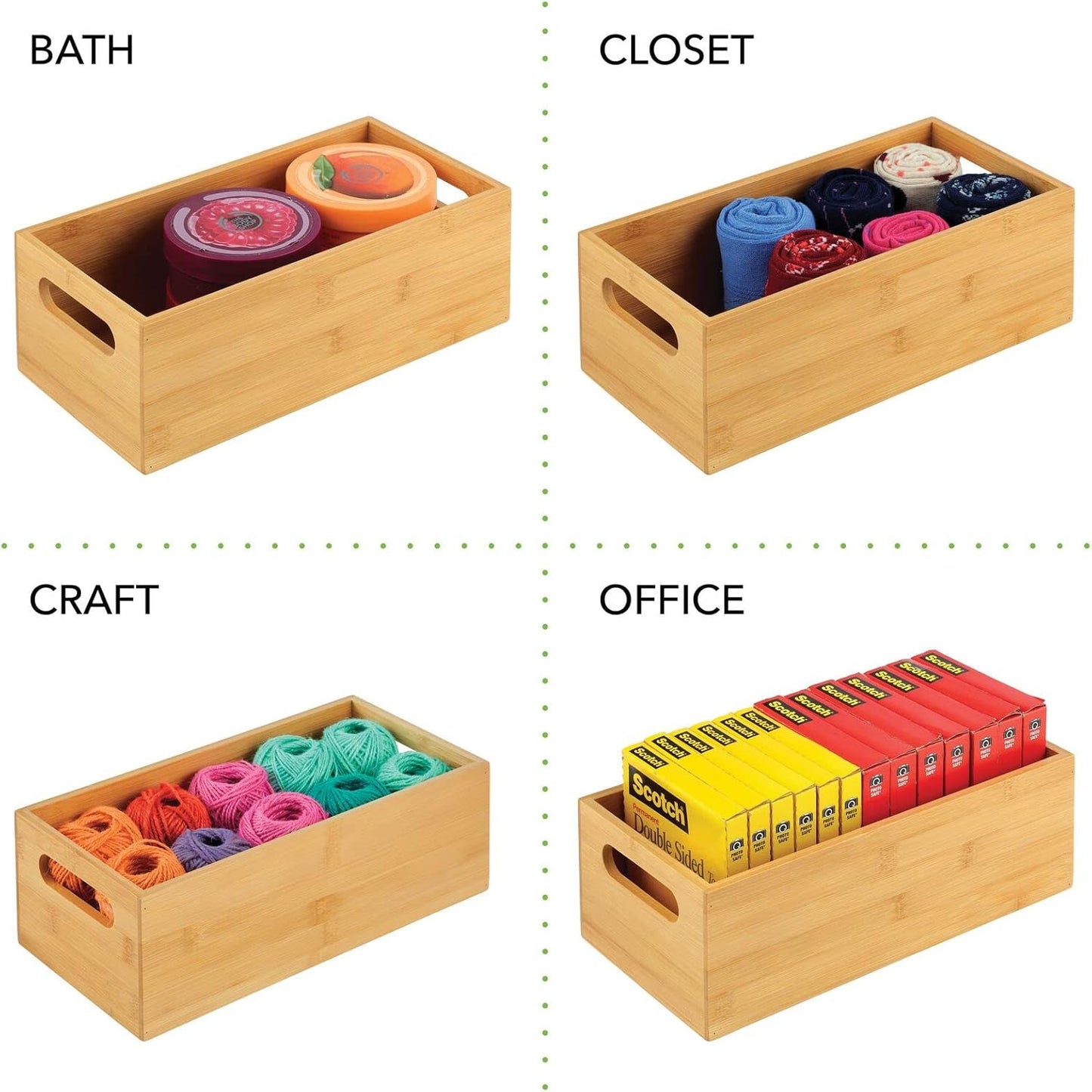 Kitchen Storage Box – Open-Top Bamboo Storage Tray with Handles – Versatile Cupboard Organiser for Shelves, Pantries, Surfaces and Cupboards – Natural