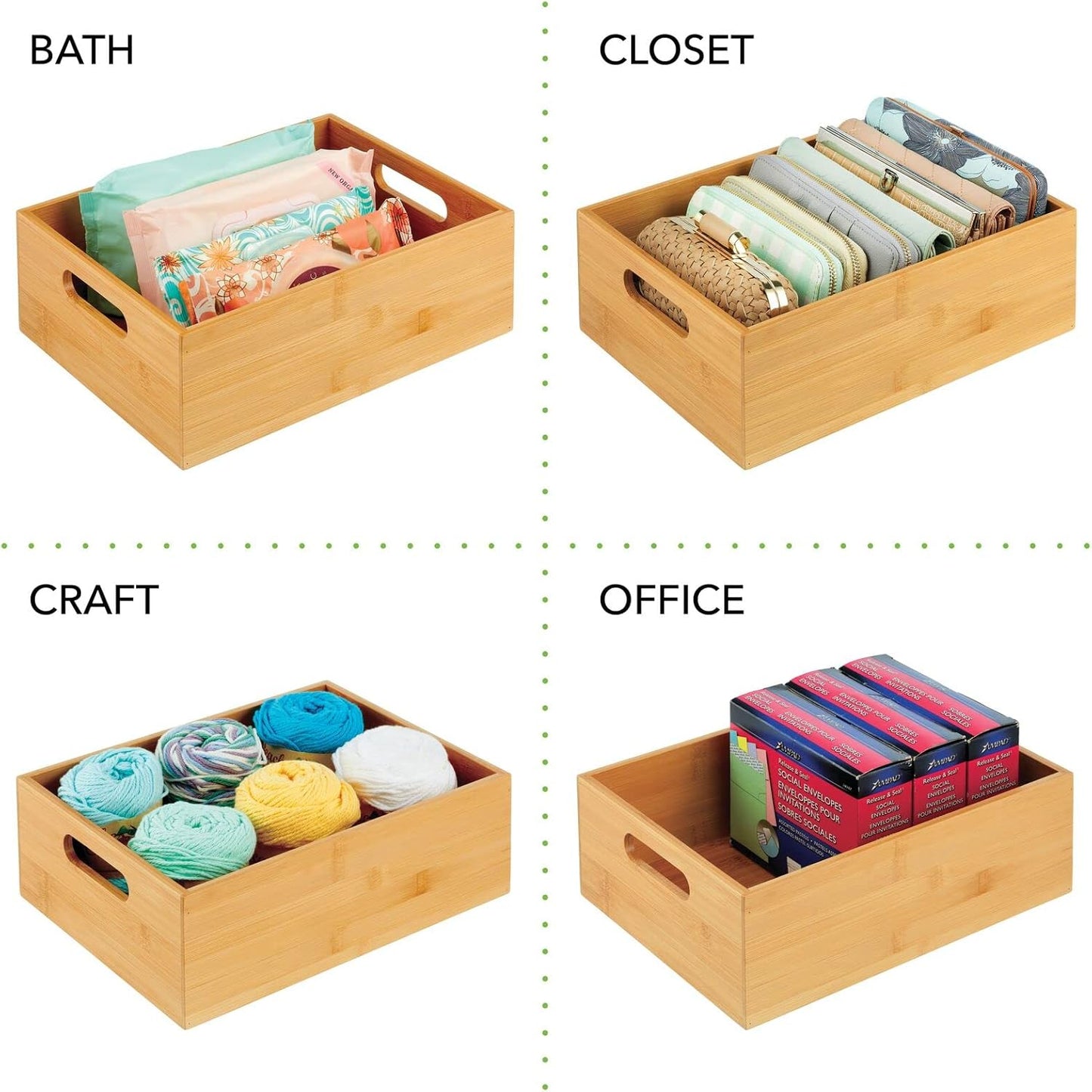 Kitchen Storage Box – Open-Top Bamboo Storage Tray with Handles – Versatile Cupboard Organiser for Shelves, Pantries, Surfaces and Cupboards – Natural