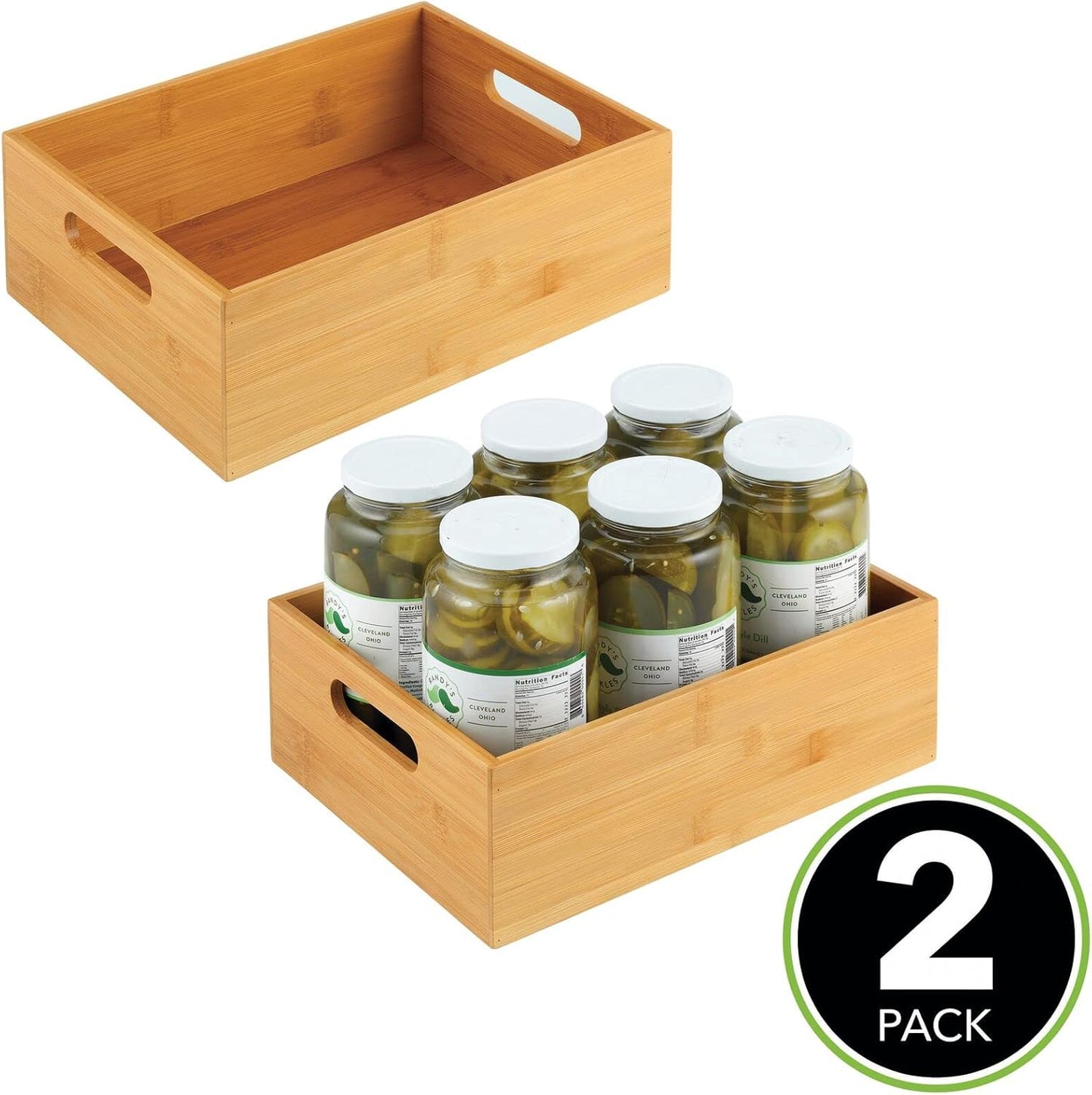 Kitchen Storage Box – Open-Top Bamboo Storage Tray with Handles – Versatile Cupboard Organiser for Shelves, Pantries, Surfaces and Cupboards – Natural