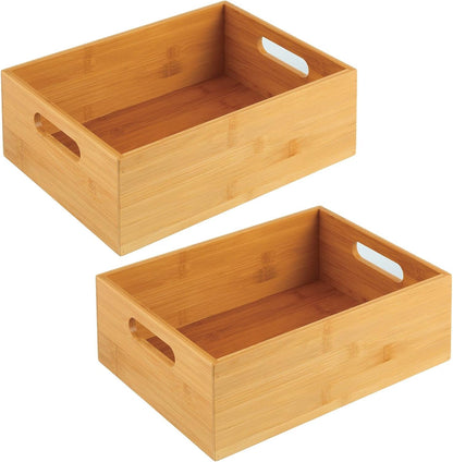 Kitchen Storage Box – Open-Top Bamboo Storage Tray with Handles – Versatile Cupboard Organiser for Shelves, Pantries, Surfaces and Cupboards – Natural