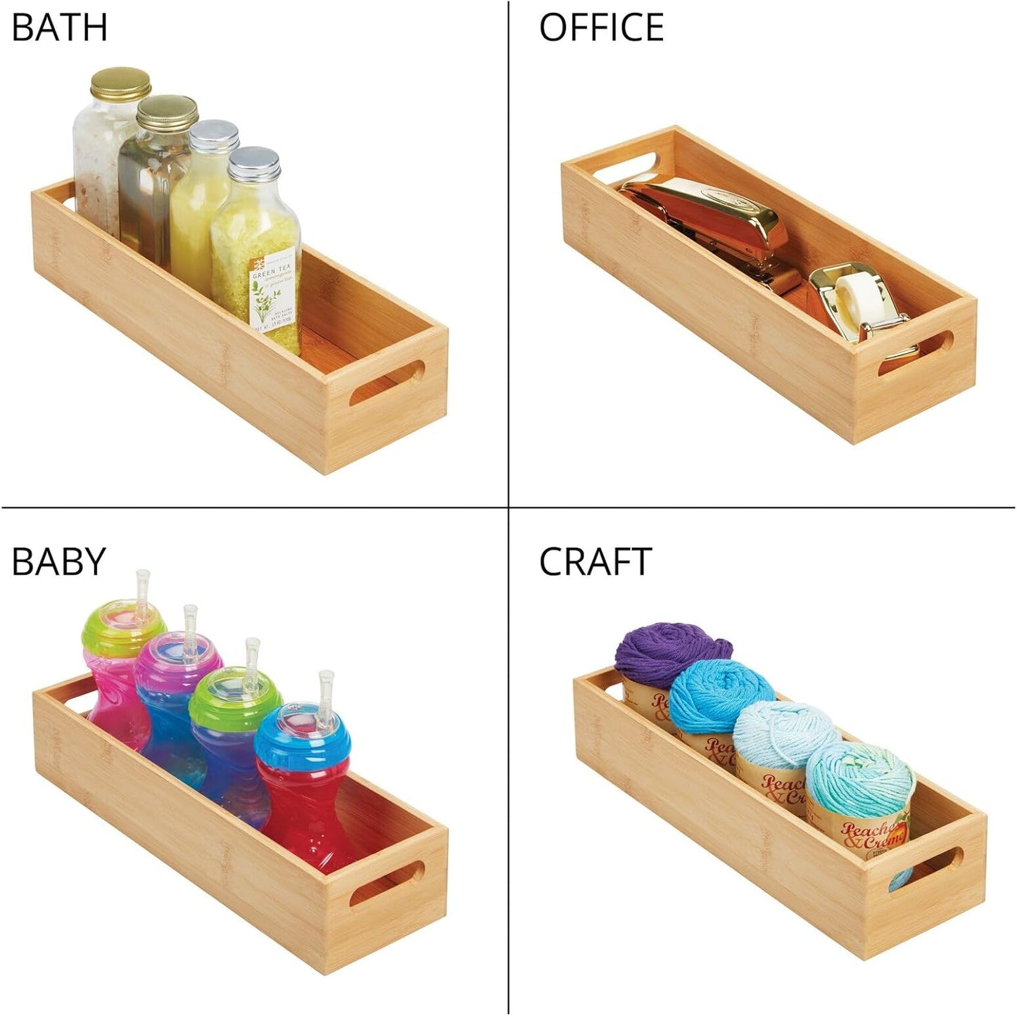 Kitchen Storage Box – Open-Top Bamboo Storage Tray with Handles – Versatile Cupboard Organiser for Shelves, Pantries, Surfaces and Cupboards – Natural
