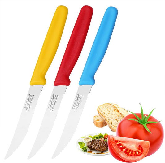 3-Pack Tomato Knife with Premium Serrated Stainless Steel Blade, 4.1" Sharp Tomato Knives & Onion Cutter, Ergonomic Plastic Handle for Slicing Vegetables, Bread, Steak, Fruit and Meat