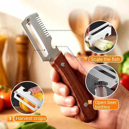 Multifunctional Vegetable Peeler, 2026 New 3 in 1 Stainless Steel Blade Peeler for Kitchen with Wooden Handle and Bottle Opener, Ultra-Sharp Peelers Kitchen Tool for Fruits and Vegetables (1)