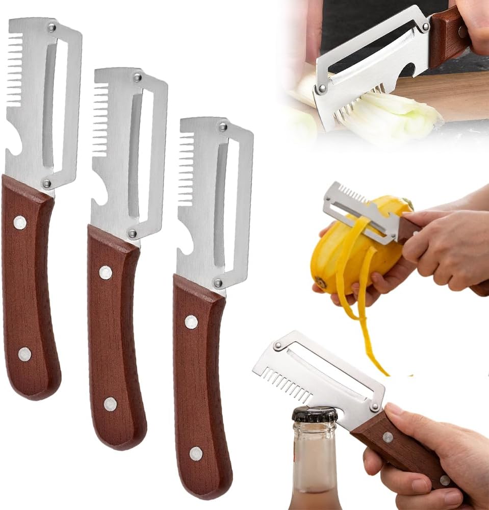 Multifunctional Vegetable Peeler, 2026 New 3 in 1 Stainless Steel Blade Peeler for Kitchen with Wooden Handle and Bottle Opener, Ultra-Sharp Peelers Kitchen Tool for Fruits and Vegetables (1)
