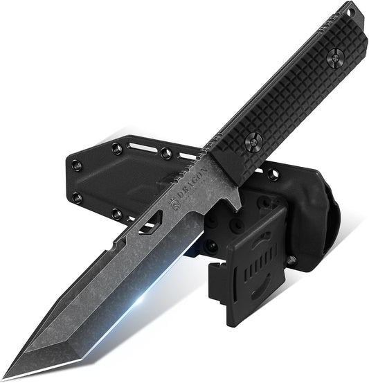 Tactical Knife Kydex - D2 Steel Outdoor Knife with Sheath | Black G10 Full Tang Handle for Outdoor Survival Camping Hiking Thanksgiving Gift Men