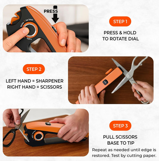 Scissors Sharpener Tool – 4 Angle Settings, Easy Manual Use | For Kitchen, Fabric, Sewing, Craft & Straight Hair Scissors – Quick, Right-Hand Sharpening
