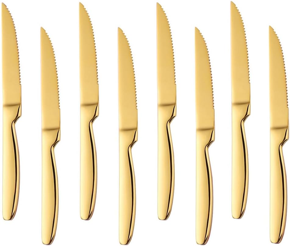 DOCBLACK Stainless Steel Steak Knives set of 8 Serrated Steak Knife Sets with Sharp Blade, 8.66 Inches(22 CM) Silverware Cutlery Table Knives for Steak (Gold)
