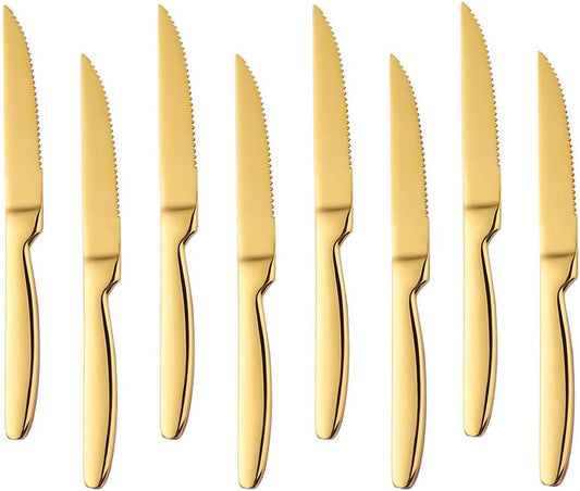 DOCBLACK Stainless Steel Steak Knives set of 8 Serrated Steak Knife Sets with Sharp Blade, 8.66 Inches(22 CM) Silverware Cutlery Table Knives for Steak (Gold)
