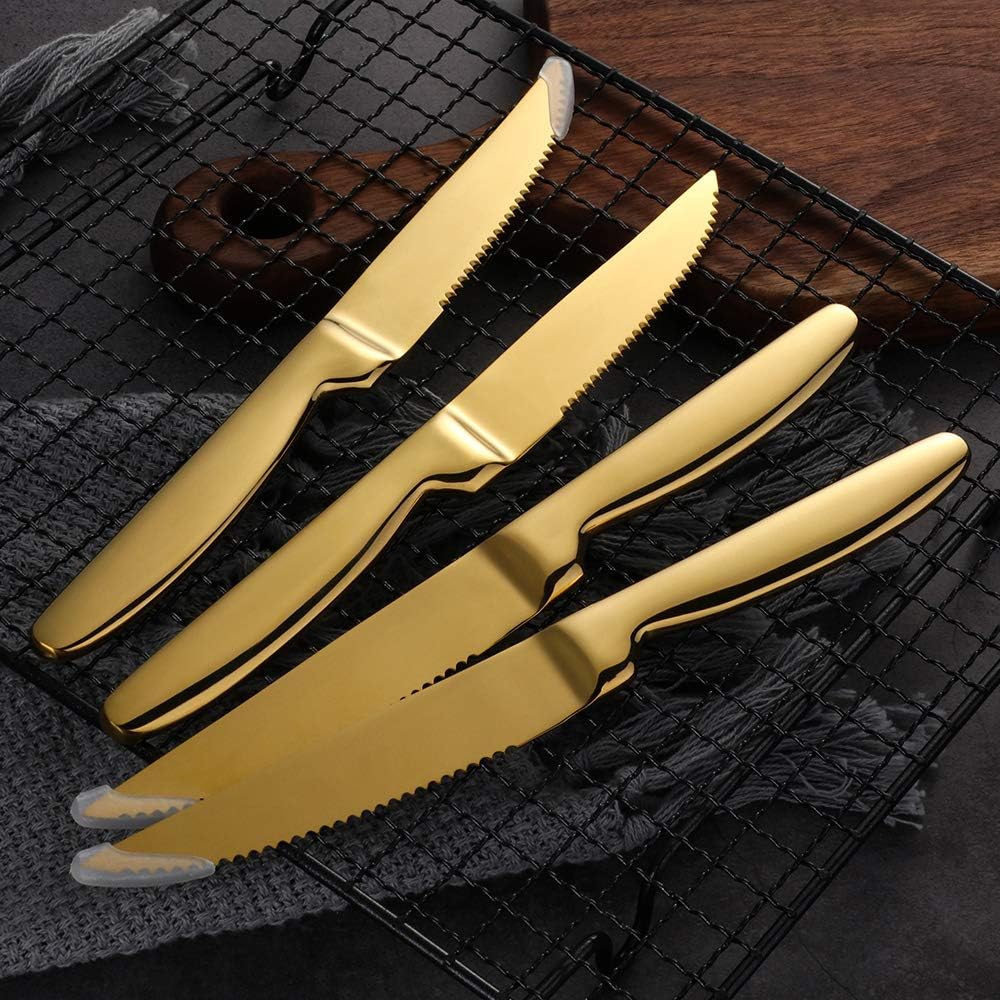 DOCBLACK Stainless Steel Steak Knives set of 8 Serrated Steak Knife Sets with Sharp Blade, 8.66 Inches(22 CM) Silverware Cutlery Table Knives for Steak (Gold)