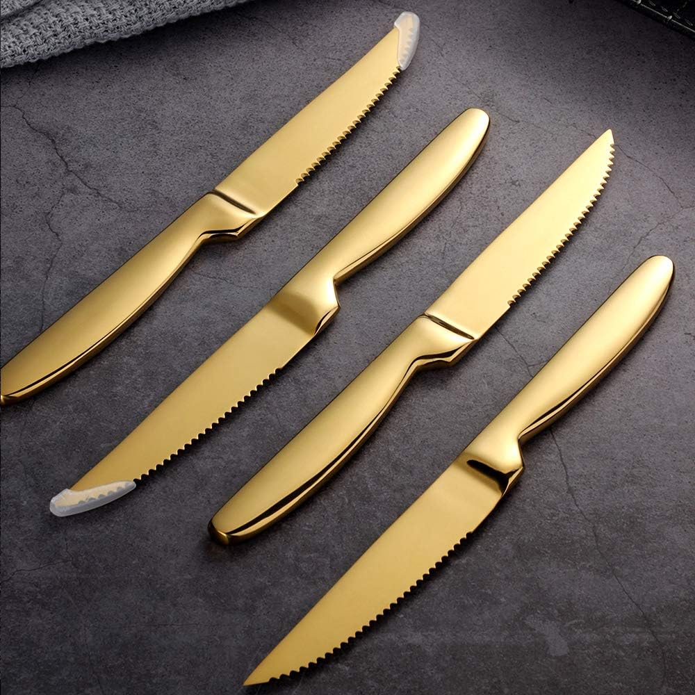 DOCBLACK Stainless Steel Steak Knives set of 8 Serrated Steak Knife Sets with Sharp Blade, 8.66 Inches(22 CM) Silverware Cutlery Table Knives for Steak (Gold)