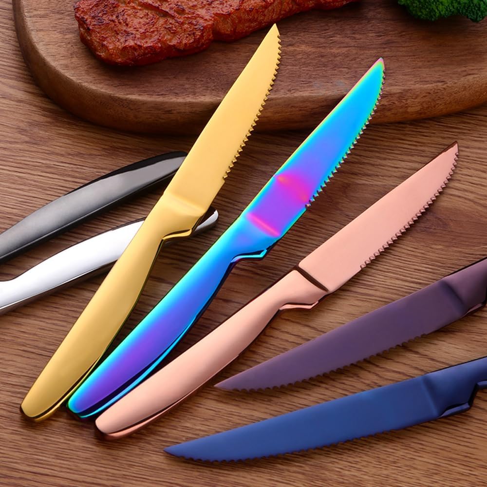 DOCBLACK Stainless Steel Steak Knives set of 8 Serrated Steak Knife Sets with Sharp Blade, 8.66 Inches(22 CM) Silverware Cutlery Table Knives for Steak (Gold)
