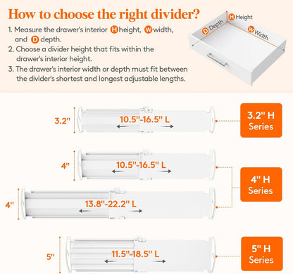 Drawer Dividers for Clothes, 3.2" High 10.5"-16.5" Expandable Dresser Drawer Organizers, Adjustable White Plastic Separators for Kitchen, Cabinet, Nursery, Socks & Underwear Storage, 4 Pack