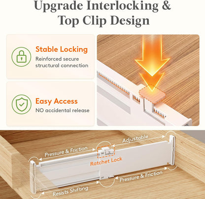 Drawer Dividers for Clothes, 3.2" High 10.5"-16.5" Expandable Dresser Drawer Organizers, Adjustable White Plastic Separators for Kitchen, Cabinet, Nursery, Socks & Underwear Storage, 4 Pack