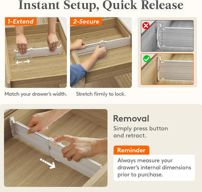 Drawer Dividers for Clothes, 3.2" High 10.5"-16.5" Expandable Dresser Drawer Organizers, Adjustable White Plastic Separators for Kitchen, Cabinet, Nursery, Socks & Underwear Storage, 4 Pack