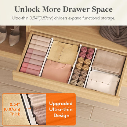 Drawer Dividers for Clothes, 3.2" High 10.5"-16.5" Expandable Dresser Drawer Organizers, Adjustable White Plastic Separators for Kitchen, Cabinet, Nursery, Socks & Underwear Storage, 4 Pack