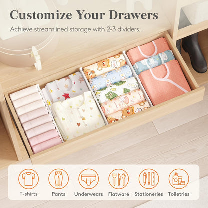 Drawer Dividers for Clothes, 3.2" High 10.5"-16.5" Expandable Dresser Drawer Organizers, Adjustable White Plastic Separators for Kitchen, Cabinet, Nursery, Socks & Underwear Storage, 4 Pack