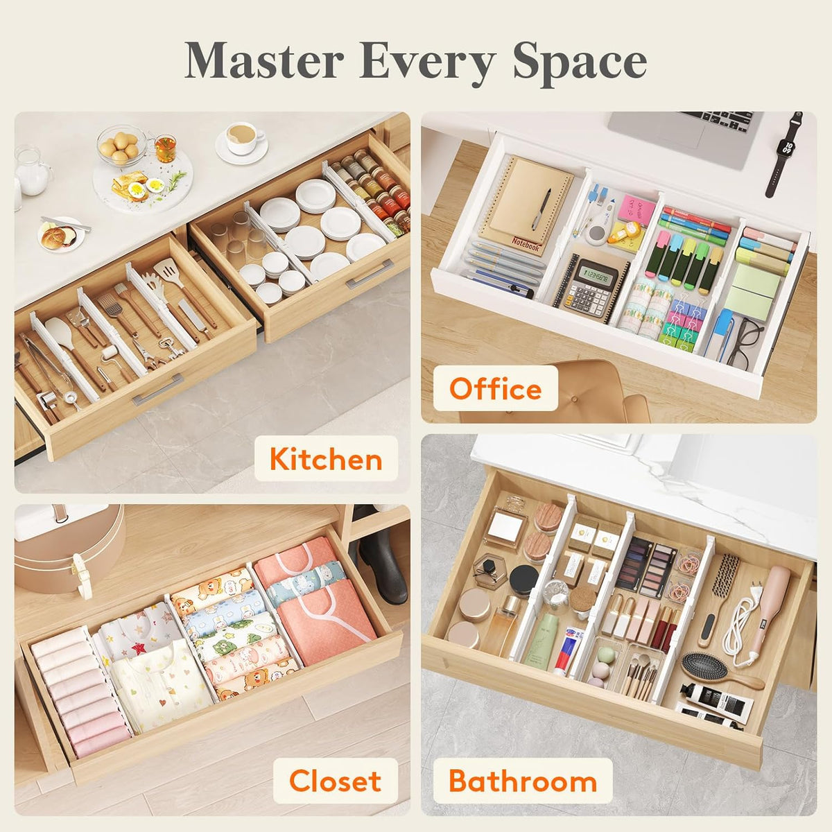 Drawer Dividers for Clothes, 3.2" High 10.5"-16.5" Expandable Dresser Drawer Organizers, Adjustable White Plastic Separators for Kitchen, Cabinet, Nursery, Socks & Underwear Storage, 4 Pack