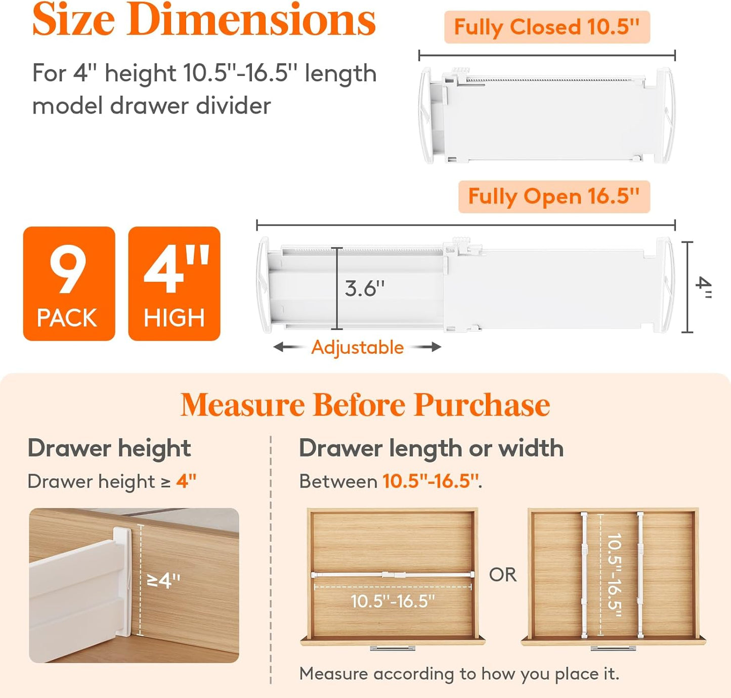 Drawer Dividers for Clothes, 3.2" High 10.5"-16.5" Expandable Dresser Drawer Organizers, Adjustable White Plastic Separators for Kitchen, Cabinet, Nursery, Socks & Underwear Storage, 4 Pack