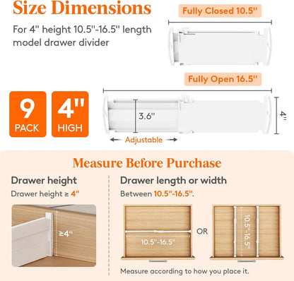 Drawer Dividers for Clothes, 3.2" High 10.5"-16.5" Expandable Dresser Drawer Organizers, Adjustable White Plastic Separators for Kitchen, Cabinet, Nursery, Socks & Underwear Storage, 4 Pack