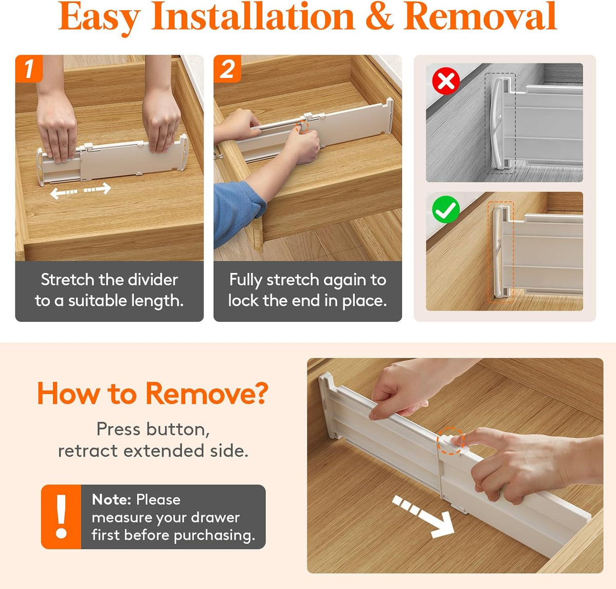 Drawer Dividers for Clothes, 3.2" High 10.5"-16.5" Expandable Dresser Drawer Organizers, Adjustable White Plastic Separators for Kitchen, Cabinet, Nursery, Socks & Underwear Storage, 4 Pack