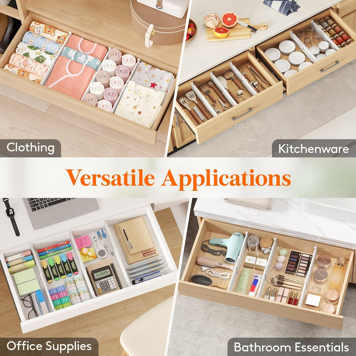 Drawer Dividers for Clothes, 3.2" High 10.5"-16.5" Expandable Dresser Drawer Organizers, Adjustable White Plastic Separators for Kitchen, Cabinet, Nursery, Socks & Underwear Storage, 4 Pack