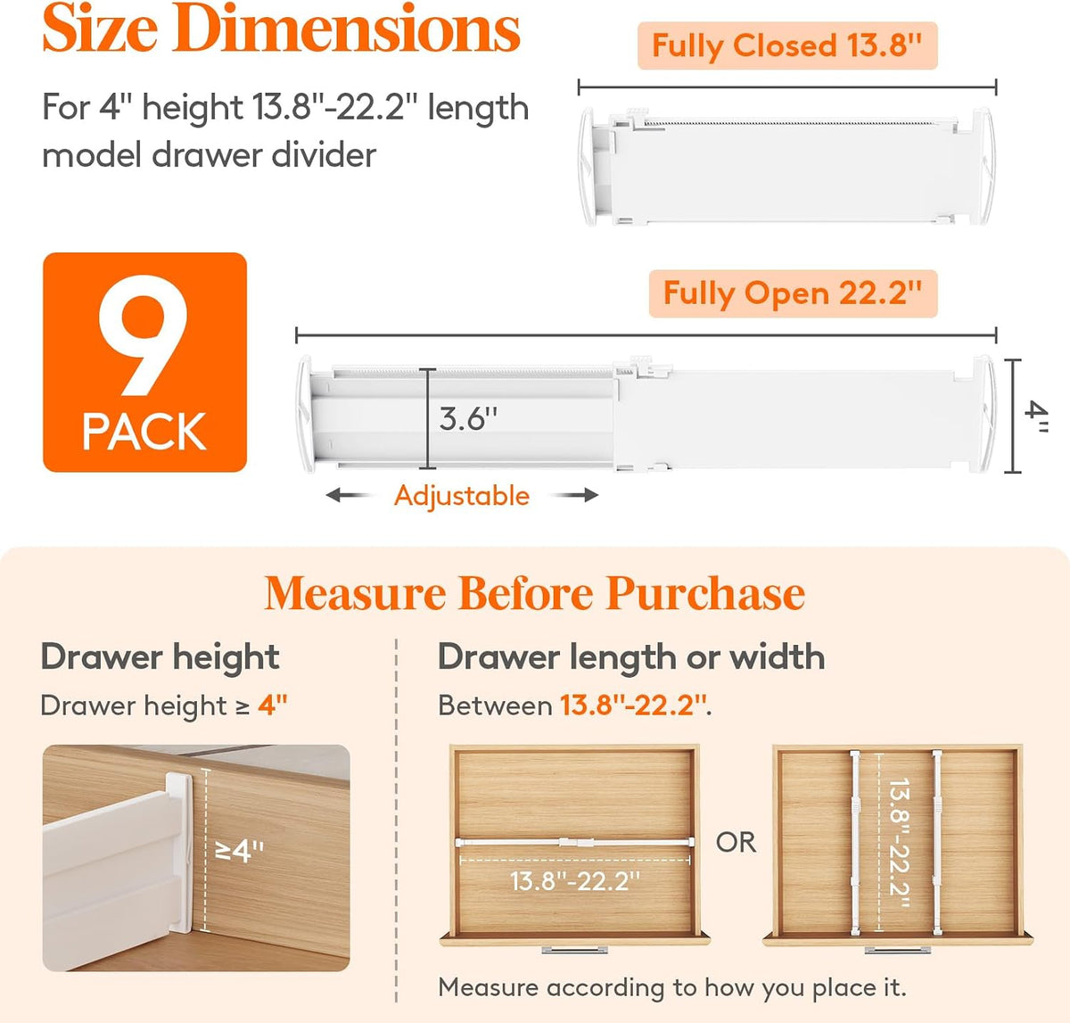 Drawer Dividers for Clothes, 3.2" High 10.5"-16.5" Expandable Dresser Drawer Organizers, Adjustable White Plastic Separators for Kitchen, Cabinet, Nursery, Socks & Underwear Storage, 4 Pack
