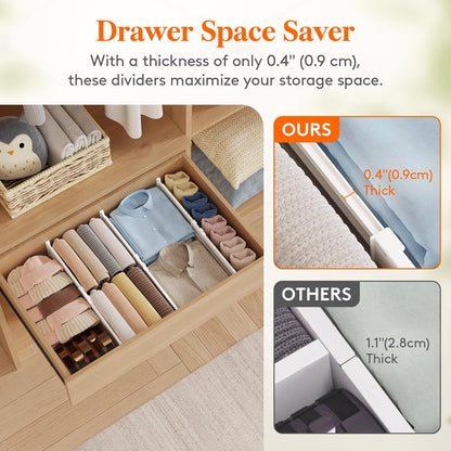Drawer Dividers for Clothes, 3.2" High 10.5"-16.5" Expandable Dresser Drawer Organizers, Adjustable White Plastic Separators for Kitchen, Cabinet, Nursery, Socks & Underwear Storage, 4 Pack