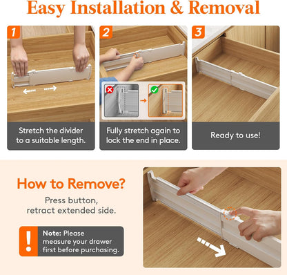 Drawer Dividers for Clothes, 3.2" High 10.5"-16.5" Expandable Dresser Drawer Organizers, Adjustable White Plastic Separators for Kitchen, Cabinet, Nursery, Socks & Underwear Storage, 4 Pack
