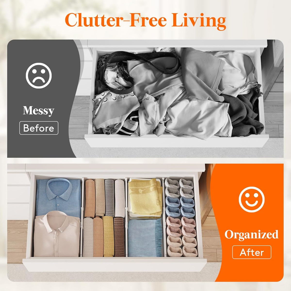 Drawer Dividers for Clothes, 3.2" High 10.5"-16.5" Expandable Dresser Drawer Organizers, Adjustable White Plastic Separators for Kitchen, Cabinet, Nursery, Socks & Underwear Storage, 4 Pack