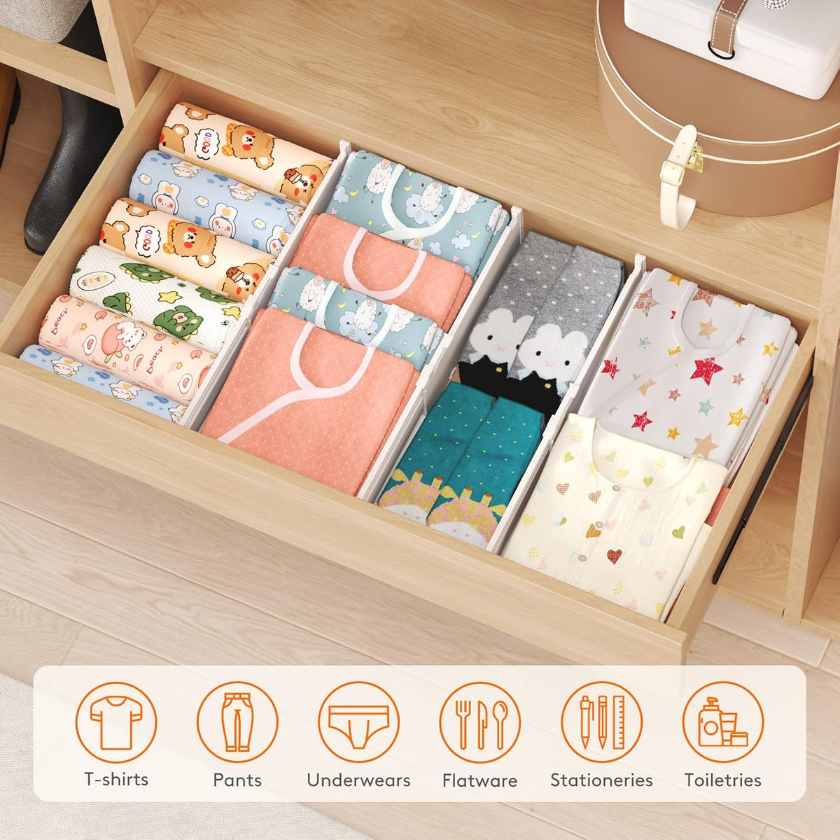 Drawer Dividers for Clothes, 3.2" High 10.5"-16.5" Expandable Dresser Drawer Organizers, Adjustable White Plastic Separators for Kitchen, Cabinet, Nursery, Socks & Underwear Storage, 4 Pack