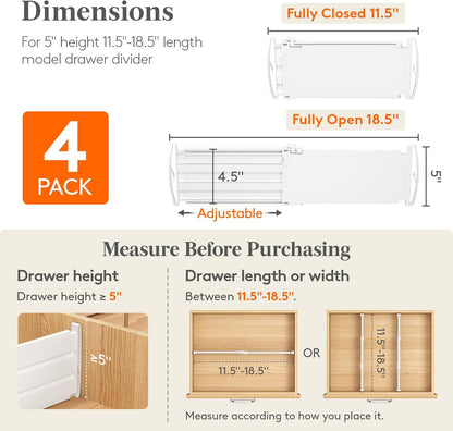 Drawer Dividers for Clothes, 3.2" High 10.5"-16.5" Expandable Dresser Drawer Organizers, Adjustable White Plastic Separators for Kitchen, Cabinet, Nursery, Socks & Underwear Storage, 4 Pack