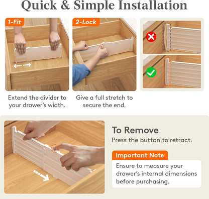 Drawer Dividers for Clothes, 3.2" High 10.5"-16.5" Expandable Dresser Drawer Organizers, Adjustable White Plastic Separators for Kitchen, Cabinet, Nursery, Socks & Underwear Storage, 4 Pack