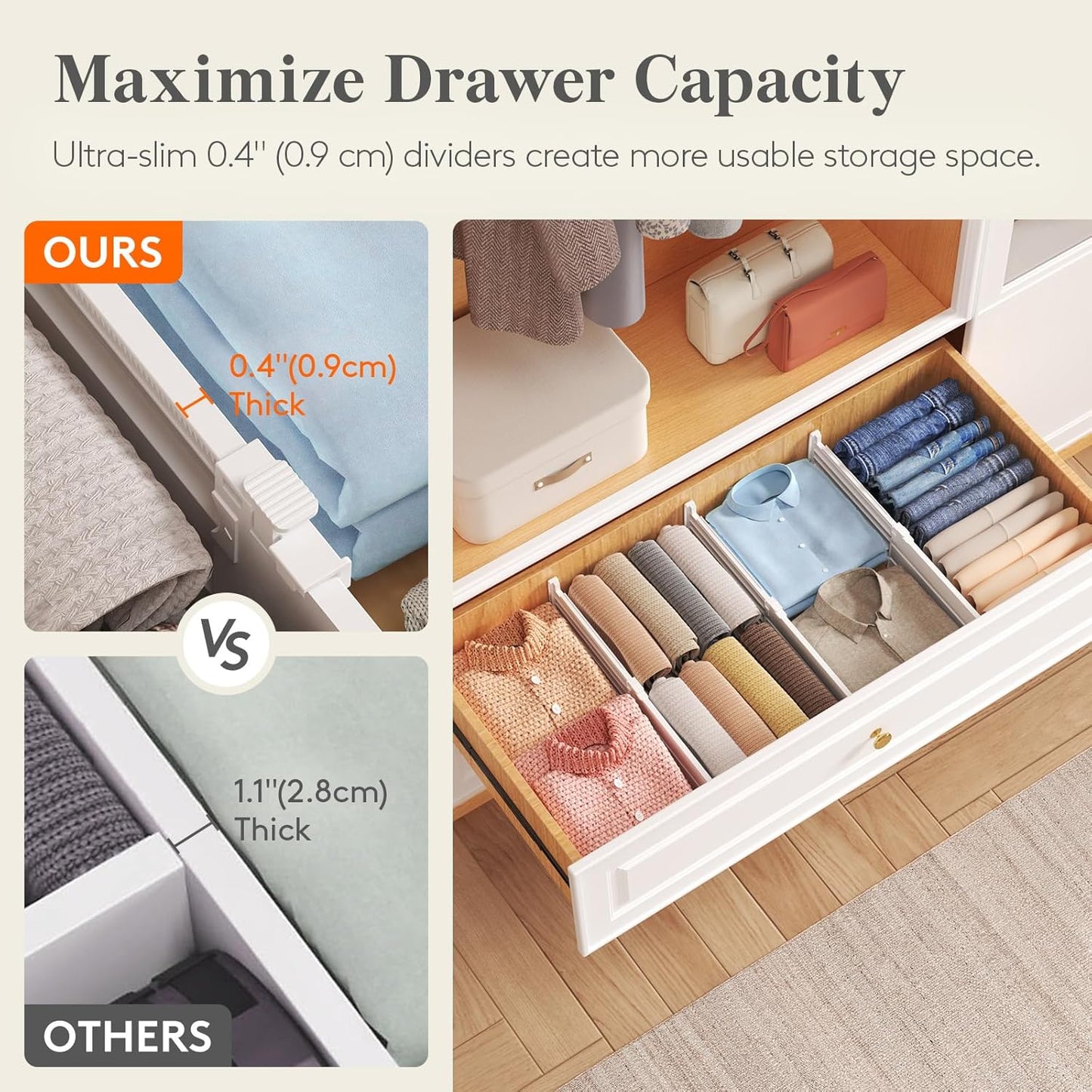 Drawer Dividers for Clothes, 3.2" High 10.5"-16.5" Expandable Dresser Drawer Organizers, Adjustable White Plastic Separators for Kitchen, Cabinet, Nursery, Socks & Underwear Storage, 4 Pack