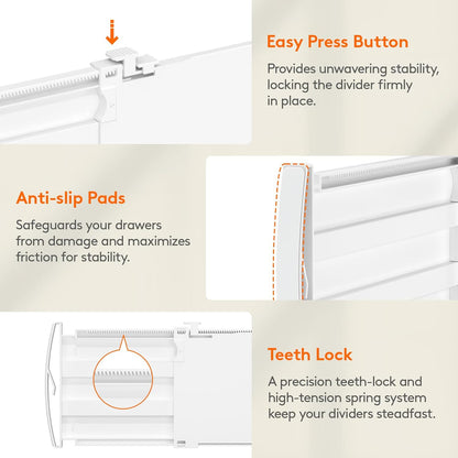 Drawer Dividers for Clothes, 3.2" High 10.5"-16.5" Expandable Dresser Drawer Organizers, Adjustable White Plastic Separators for Kitchen, Cabinet, Nursery, Socks & Underwear Storage, 4 Pack