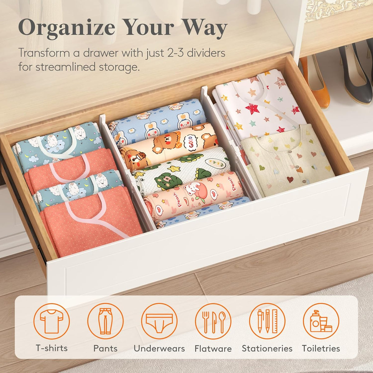 Drawer Dividers for Clothes, 3.2" High 10.5"-16.5" Expandable Dresser Drawer Organizers, Adjustable White Plastic Separators for Kitchen, Cabinet, Nursery, Socks & Underwear Storage, 4 Pack