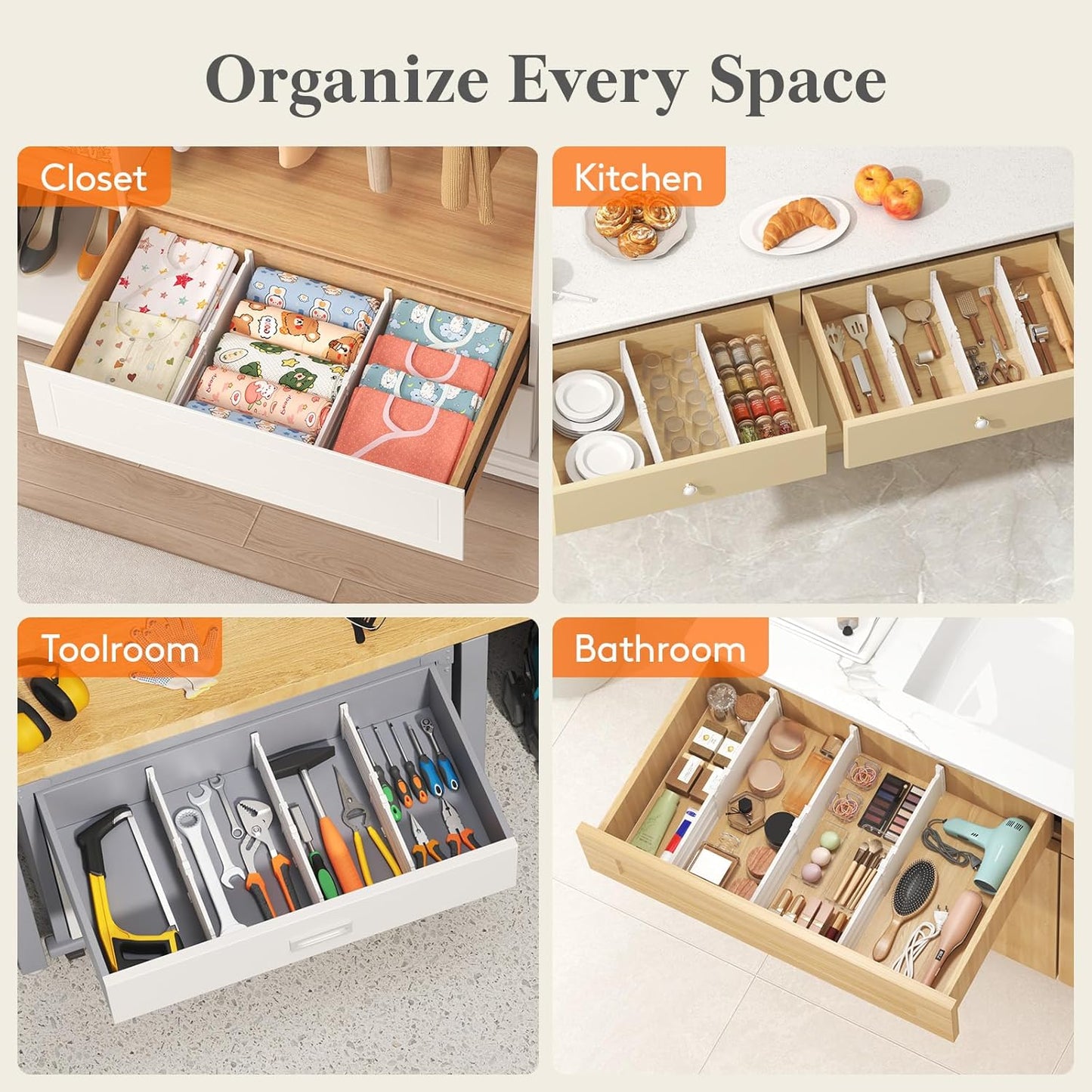 Drawer Dividers for Clothes, 3.2" High 10.5"-16.5" Expandable Dresser Drawer Organizers, Adjustable White Plastic Separators for Kitchen, Cabinet, Nursery, Socks & Underwear Storage, 4 Pack