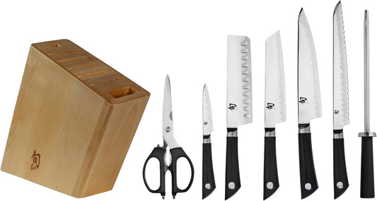 Sora 8 Piece Block Set | Includes 8” Chef’s, 3.5" Paring, 6” Nakiri Knife & Honing Steel, VG10 Edges with 420J Steel Upper, Balanced Handles