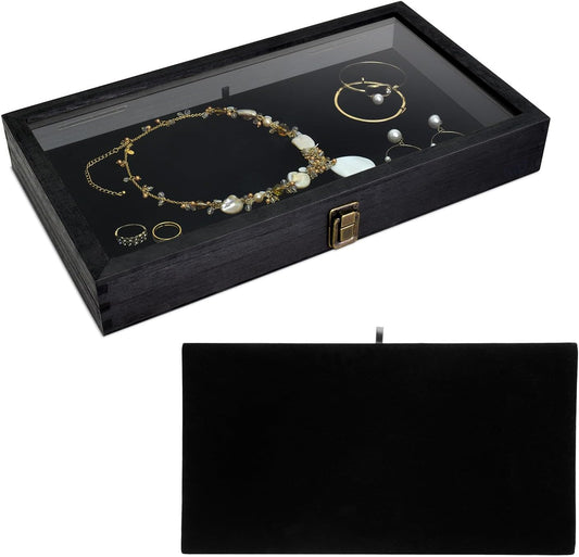 Wooden Jewelry Display Case, Pocket Knife Display Case with Tempered Glass Top Lid and Removable Black Luxurious MDF Velvet Jewelry Pad, Black Color