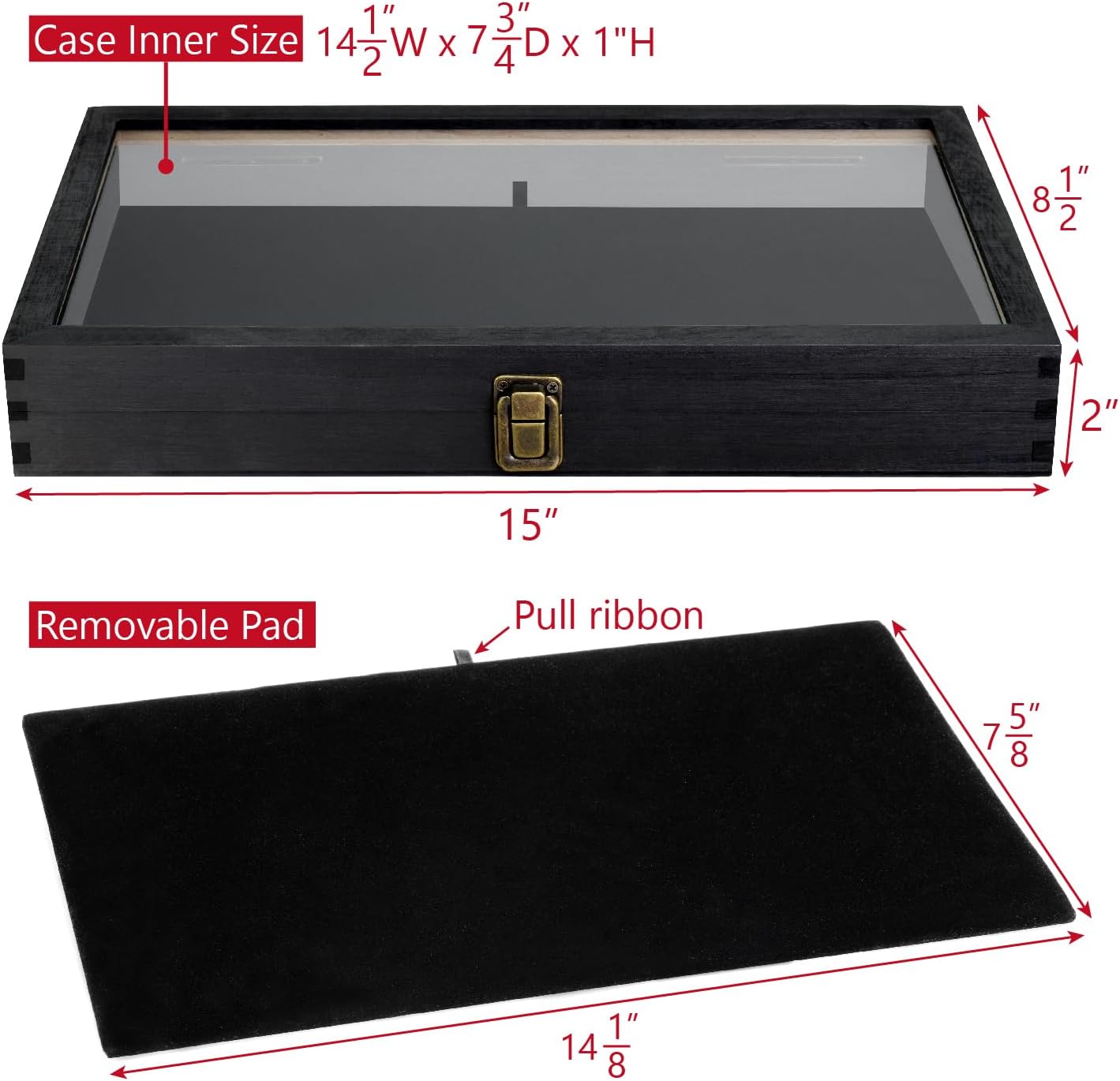 Wooden Jewelry Display Case, Pocket Knife Display Case with Tempered Glass Top Lid and Removable Black Luxurious MDF Velvet Jewelry Pad, Black Color