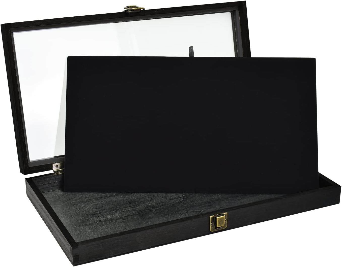 Wooden Jewelry Display Case, Pocket Knife Display Case with Tempered Glass Top Lid and Removable Black Luxurious MDF Velvet Jewelry Pad, Black Color