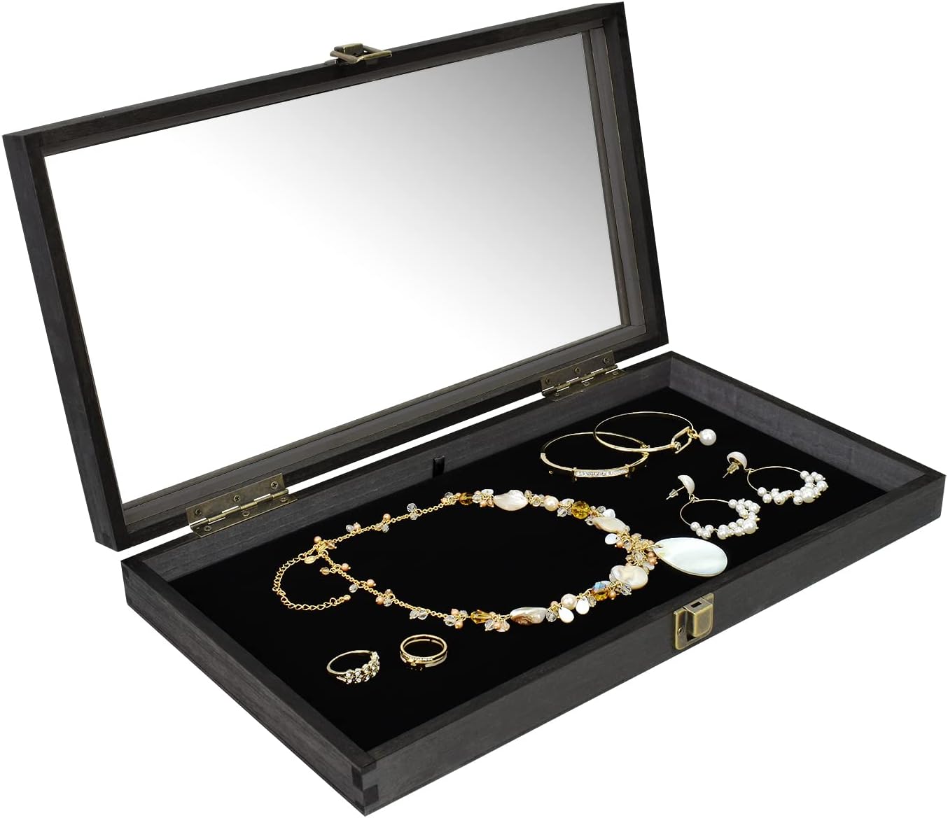 Wooden Jewelry Display Case, Pocket Knife Display Case with Tempered Glass Top Lid and Removable Black Luxurious MDF Velvet Jewelry Pad, Black Color
