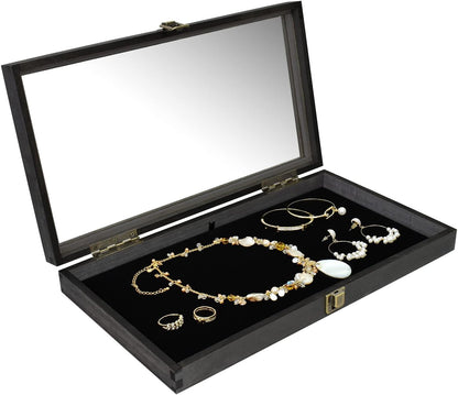 Wooden Jewelry Display Case, Pocket Knife Display Case with Tempered Glass Top Lid and Removable Black Luxurious MDF Velvet Jewelry Pad, Black Color