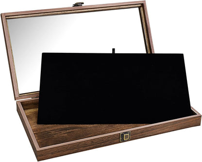 Wooden Jewelry Display Case, Pocket Knife Display Case with Tempered Glass Top Lid and Removable Black Luxurious MDF Velvet Jewelry Pad, Black Color
