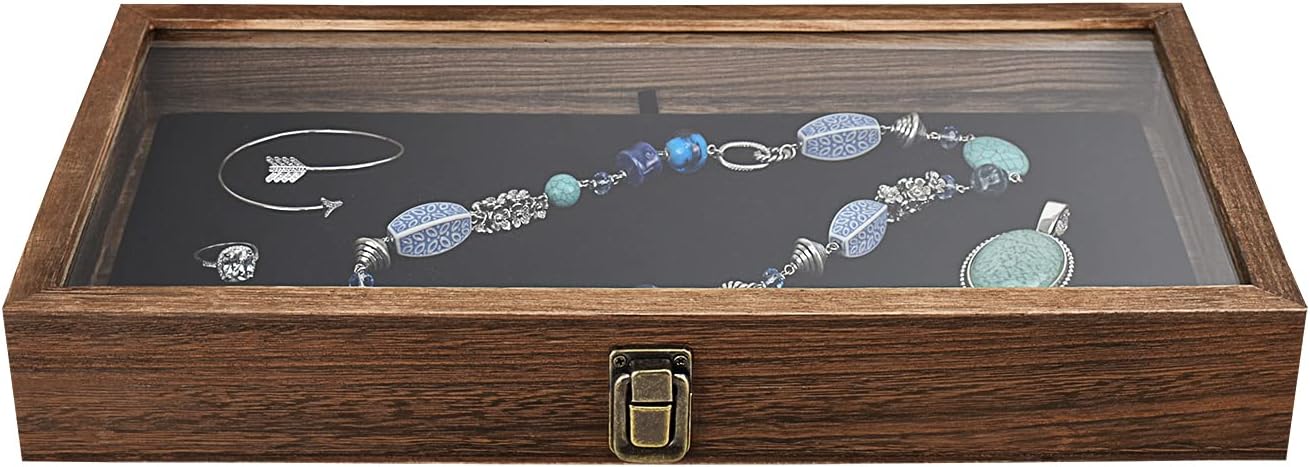 Wooden Jewelry Display Case, Pocket Knife Display Case with Tempered Glass Top Lid and Removable Black Luxurious MDF Velvet Jewelry Pad, Black Color