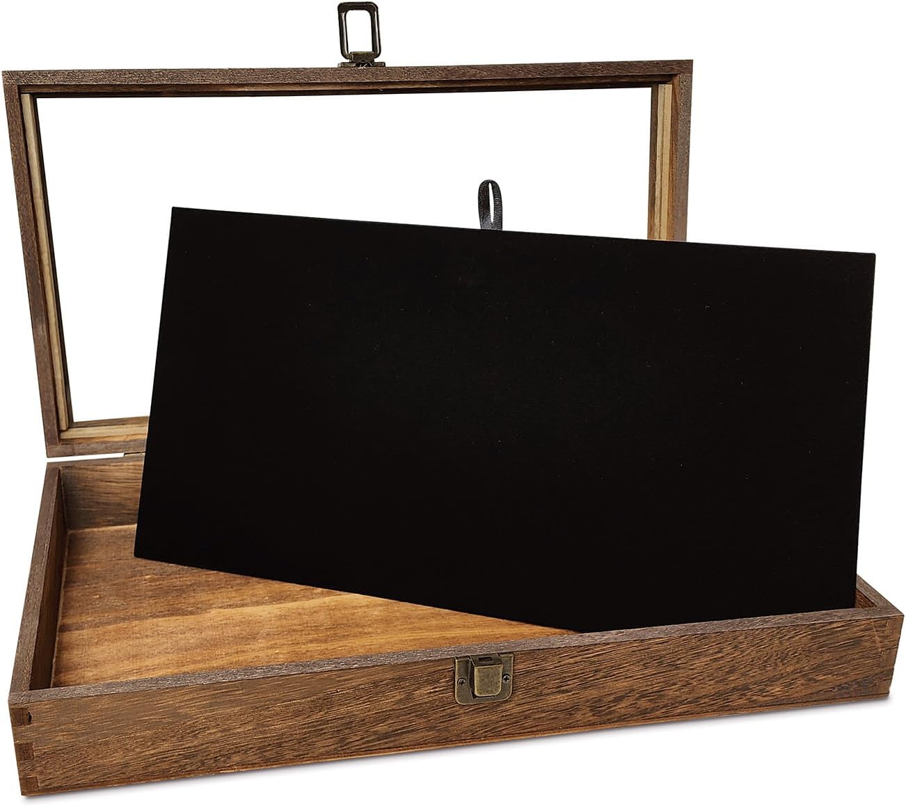 Wooden Jewelry Display Case, Pocket Knife Display Case with Tempered Glass Top Lid and Removable Black Luxurious MDF Velvet Jewelry Pad, Black Color