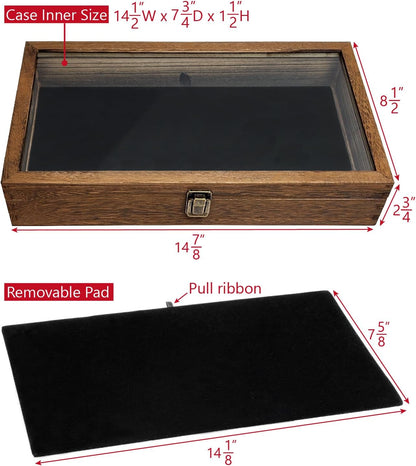 Wooden Jewelry Display Case, Pocket Knife Display Case with Tempered Glass Top Lid and Removable Black Luxurious MDF Velvet Jewelry Pad, Black Color