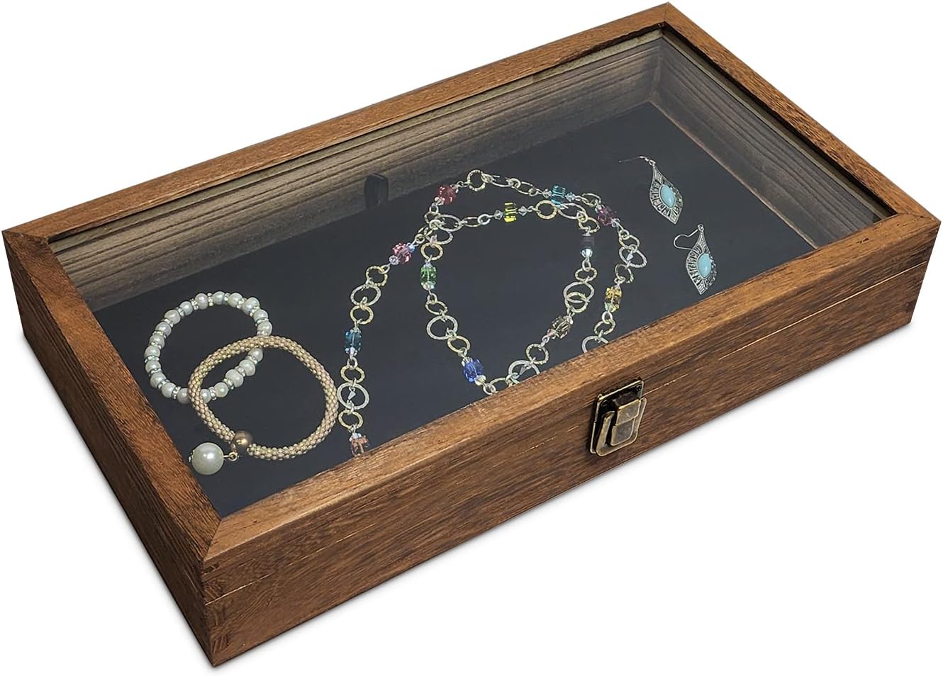 Wooden Jewelry Display Case, Pocket Knife Display Case with Tempered Glass Top Lid and Removable Black Luxurious MDF Velvet Jewelry Pad, Black Color